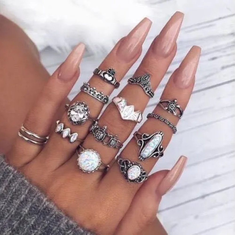 *CLEMENCY* 14-Pc Silver x Opal Fashion Ring Set